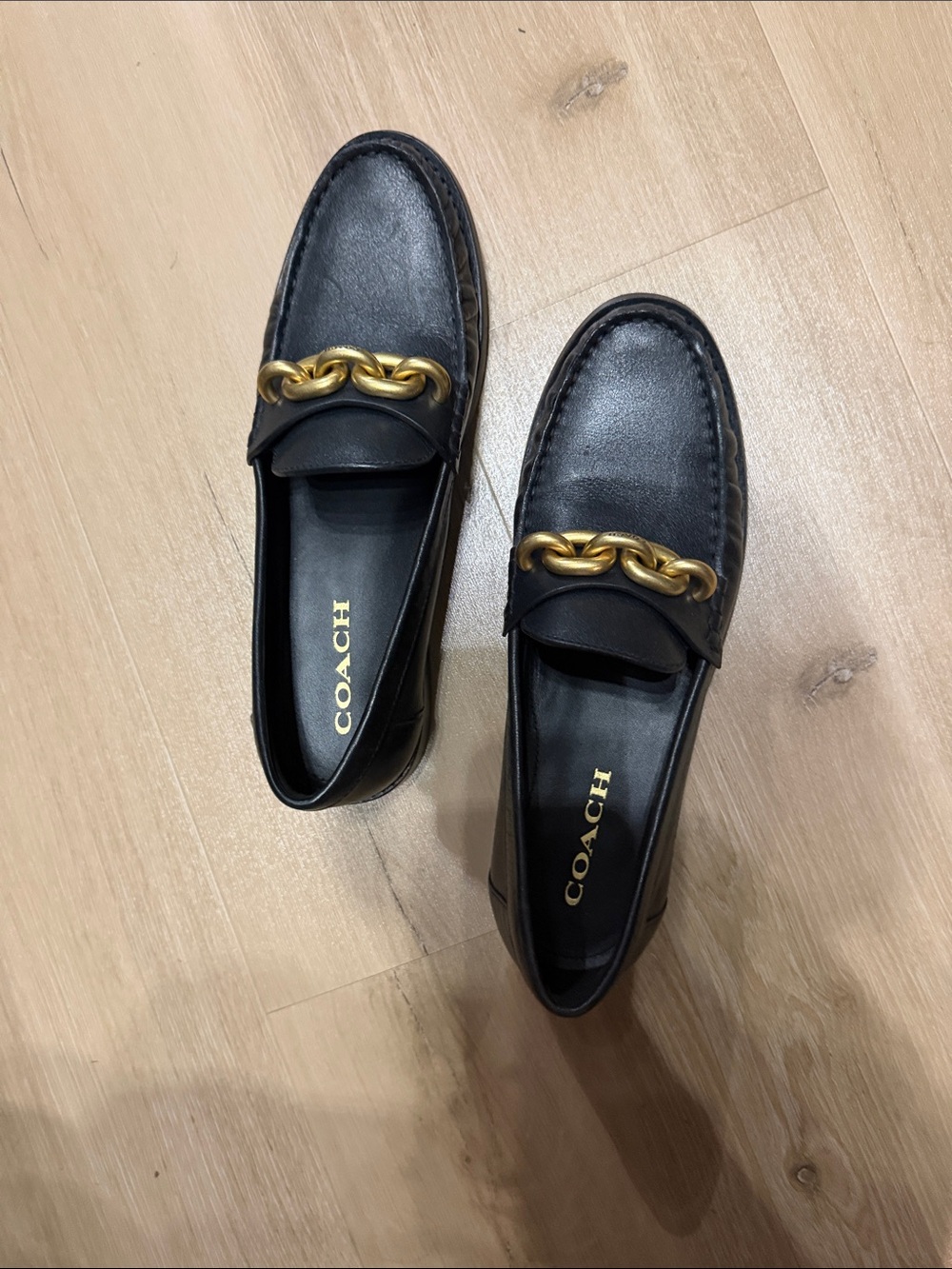 COACH Black Leather Loafers with Gold Chain Trim